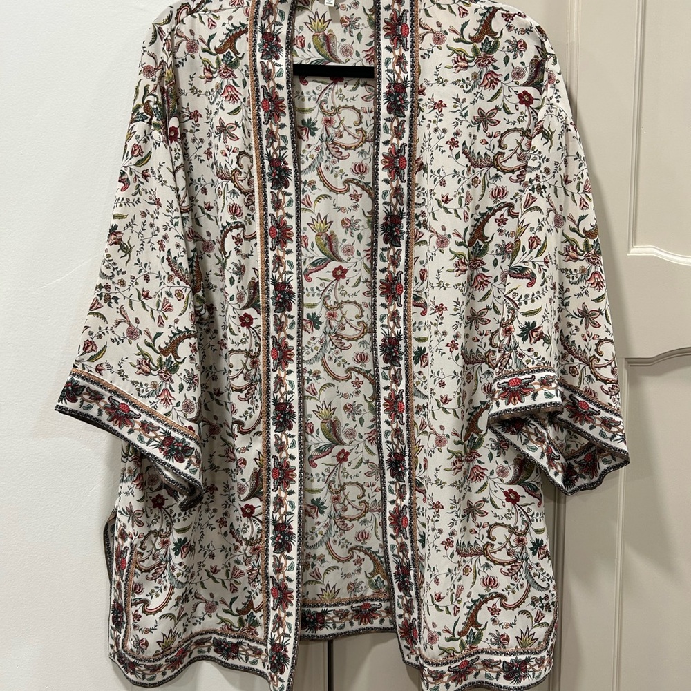 Max Studio Cream and Red Lightweight Open Front Kimono/Cardigan
